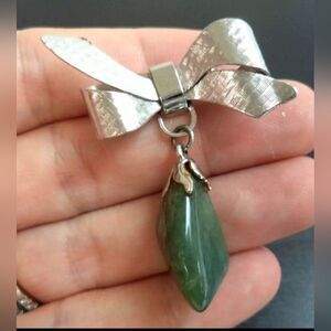 Elegant Silver Bow Pendant with Jade Gemstone 1 7/8